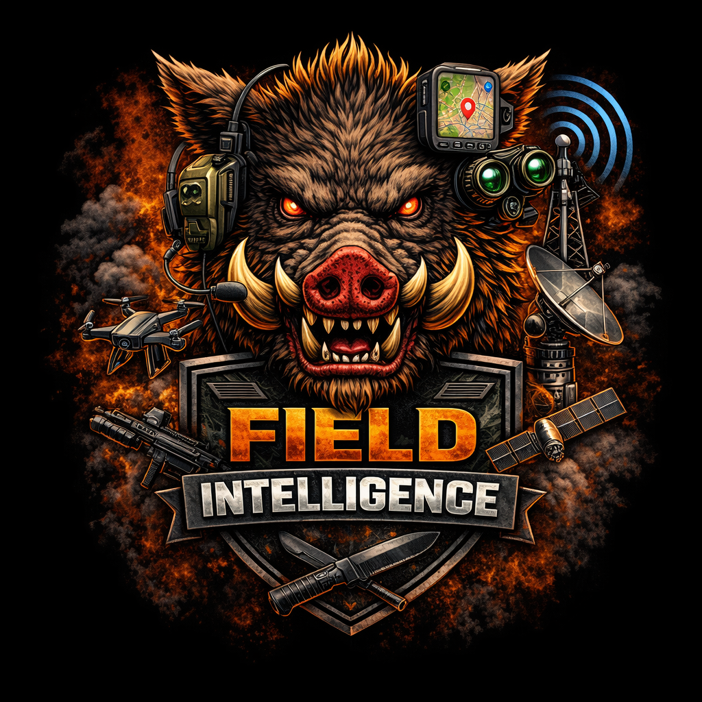 Wild hog head graphic with surveillance equipment including radio tower, drone, binoculars, and GPS symbol representing Field Intelligence monitoring and tracking systems for hog trapping operations