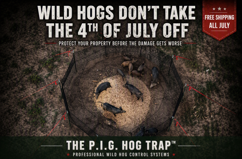 Wild hog trap containing multiple feral hogs captured in a sounder trapping system.