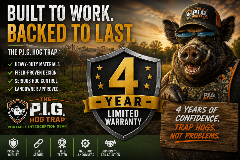 The P.I.G. Hog Trap™ 4-Year Limited Warranty featured image with warranty shield, hog control messaging, and outdoor land management background.