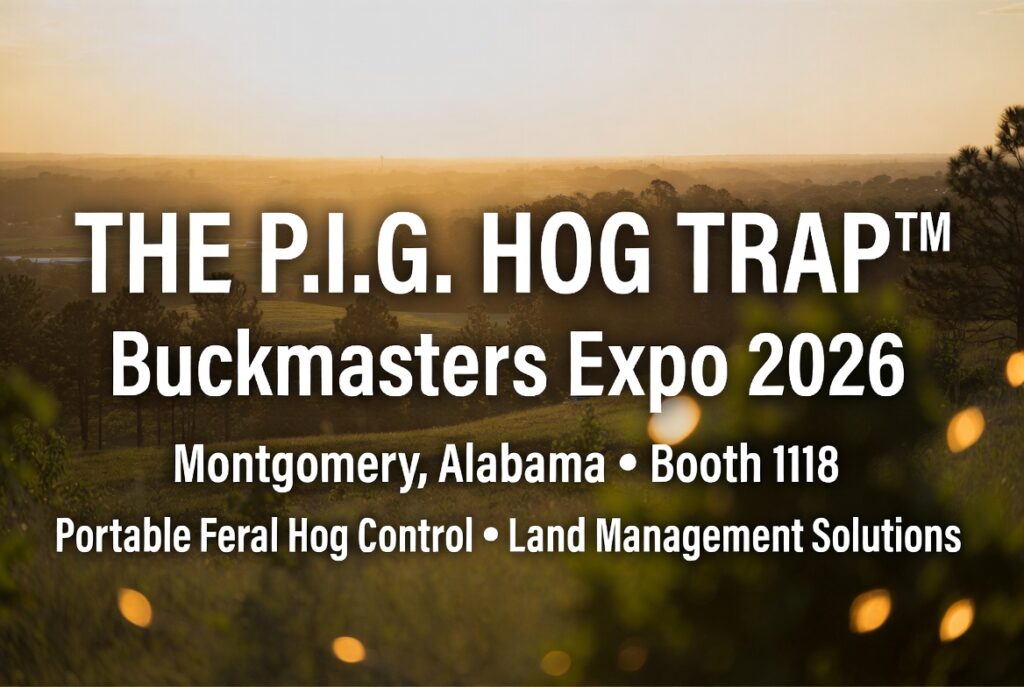 The P.I.G. Hog Trap™ Buckmasters Expo 2026 featured image with Montgomery, Alabama and Booth 1118 event details over an outdoor landscape background.
