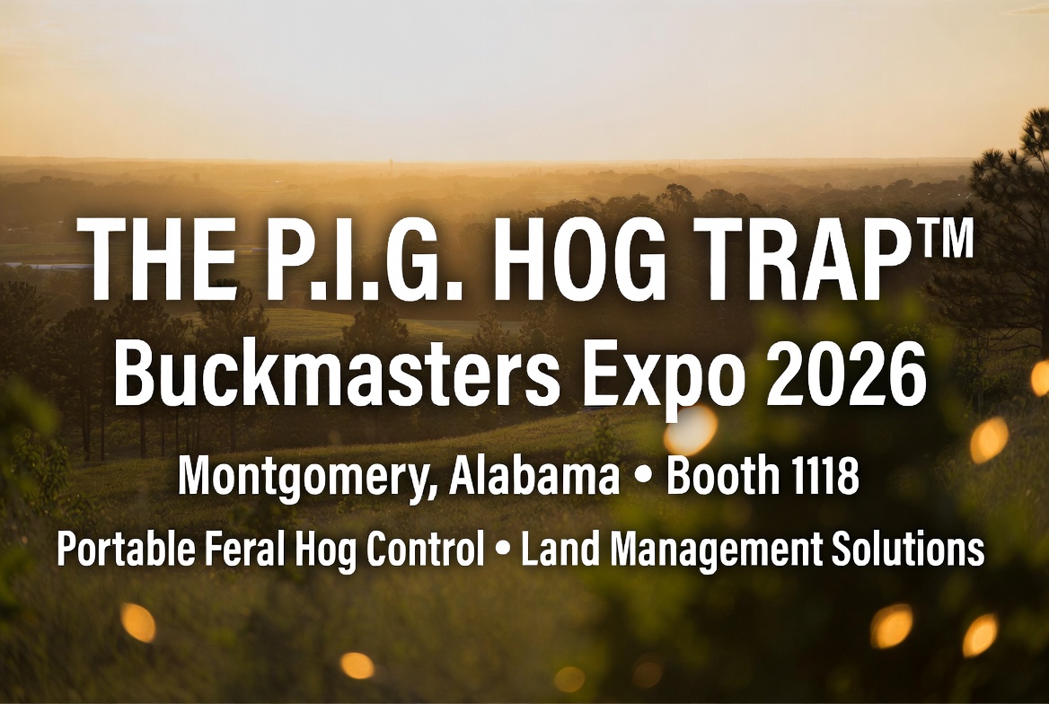 The P.I.G. Hog Trap™ Buckmasters Expo 2026 featured image with Montgomery, Alabama and Booth 1118 event details over an outdoor landscape background.