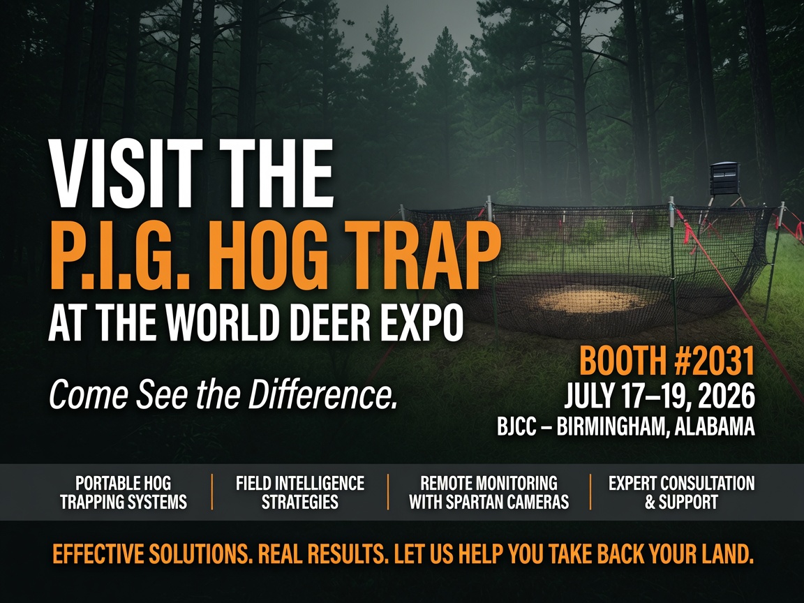The P.I.G. Hog Trap portable hog trapping system featured for the World Deer Expo in Birmingham, Alabama, July 17-19, at Booth #2031.