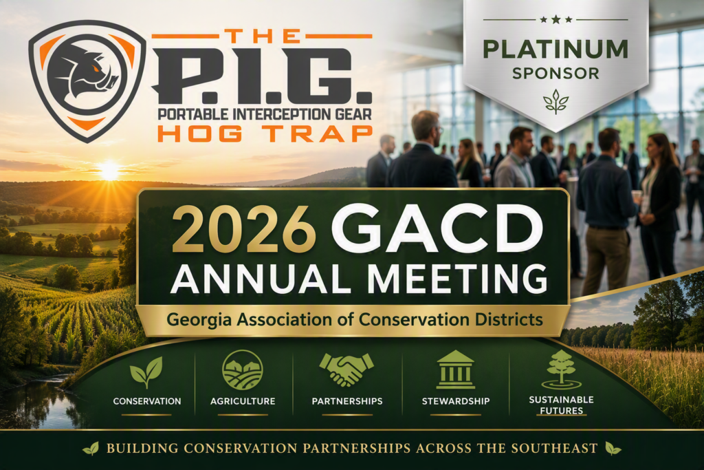 The P.I.G. Hog Trap featured as a Platinum Sponsor for the 2026 GACD Annual Meeting with Georgia conservation and agriculture imagery